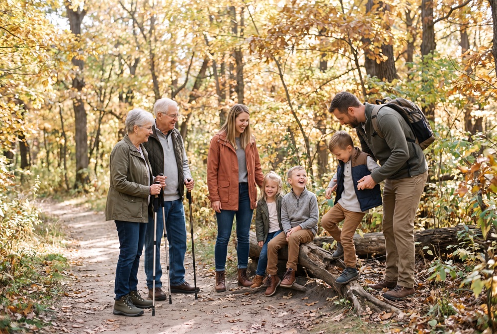 A multigenerational family pausing on a wooded autumn trail, kids on a fallen log and grandparents with hiking poles, laughing together