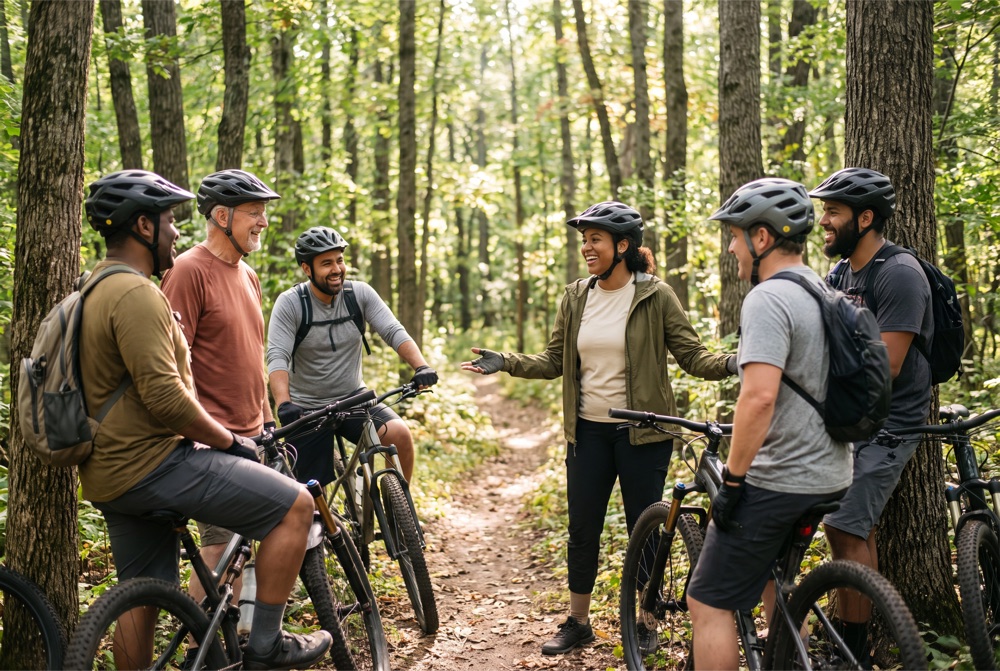 A friendly group of mountain bikers of mixed ages regrouping on a forest singletrack trail, helmets on, mid-conversation