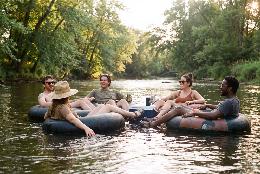 Friends floating down the Rum River on inner tubes at golden hour, a cooler tethered between them, laughing together