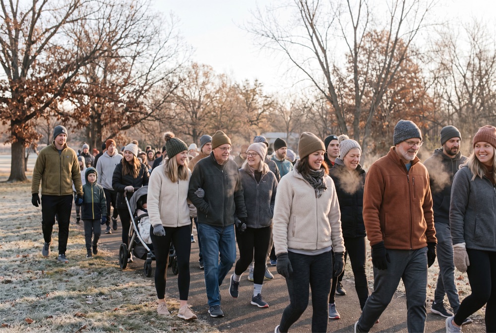 A crowd of all ages walking and running a community 5K on a frosty morning, breath visible in the cold, bundled in beanies and fleece