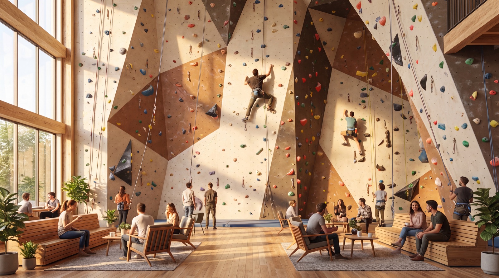 A warm, sunlit climbing gym with tall bouldering walls and a wood-floored community lounge where people relax and connect