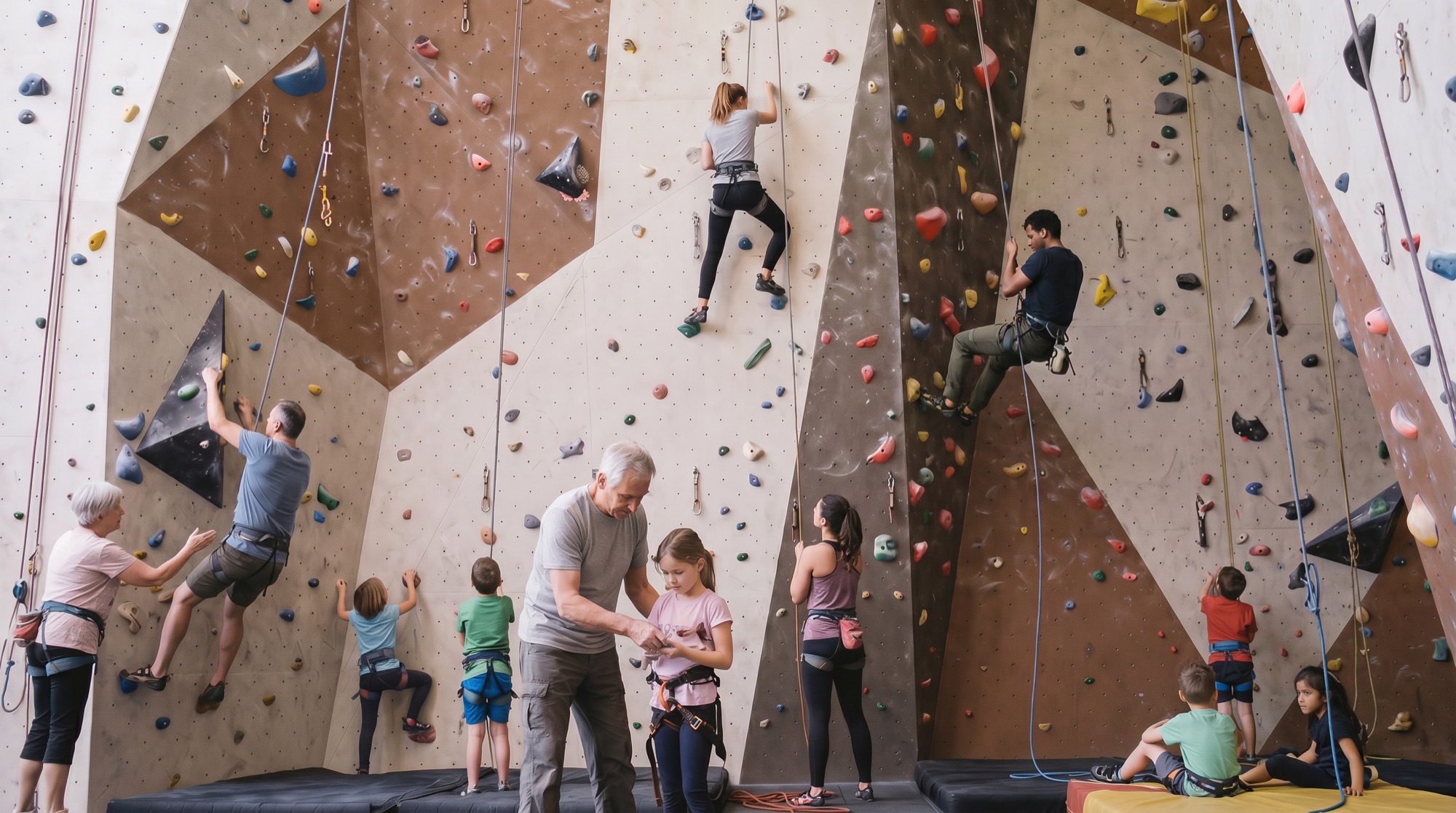A multigenerational group of climbers — kids, parents, and grandparents — climbing and belaying together on a tall indoor wall